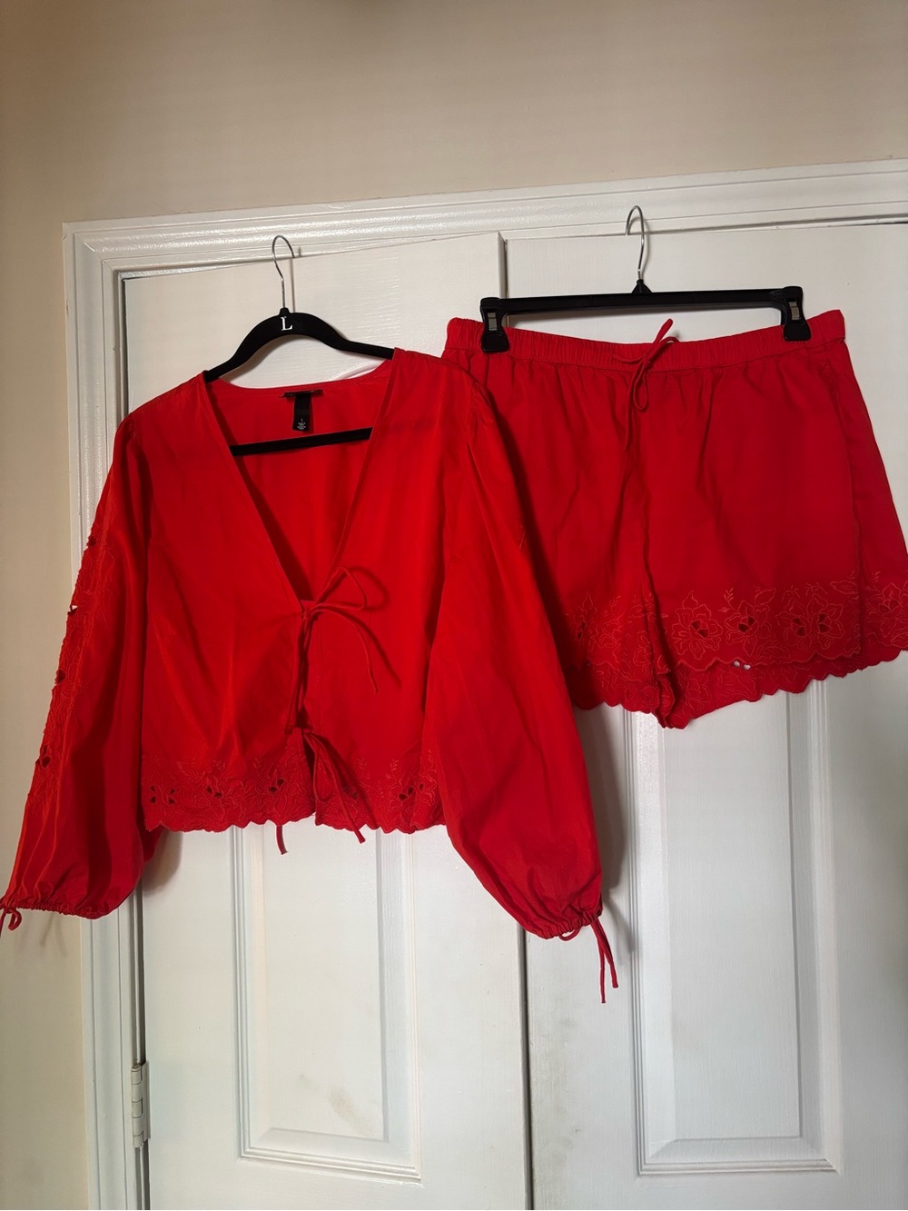 Red Eyelet-Trim Mini Short Set by Future Collective